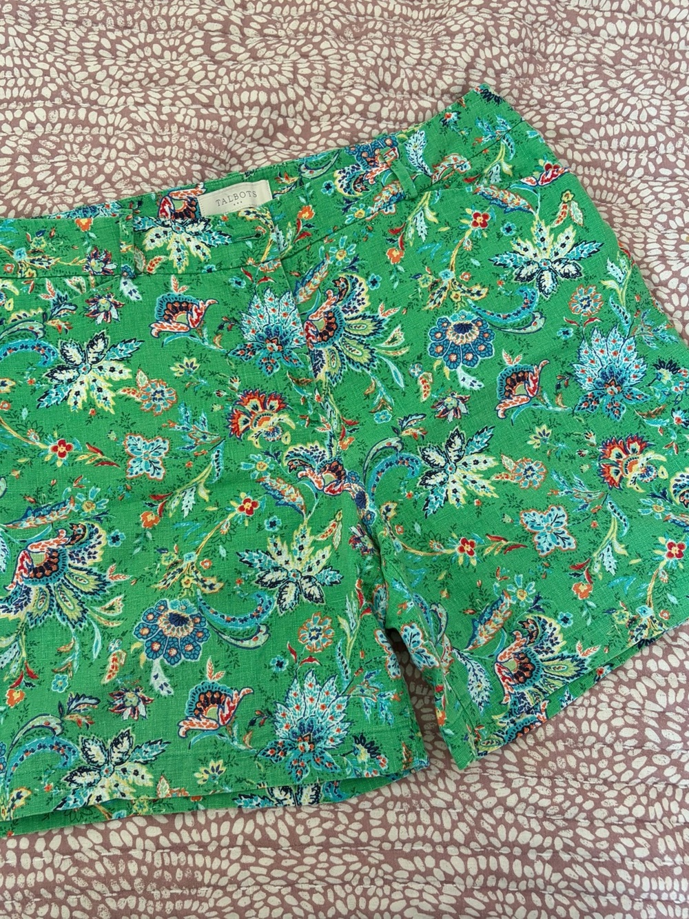 Talbots Green Paisley Floral Linen-Blend Shorts